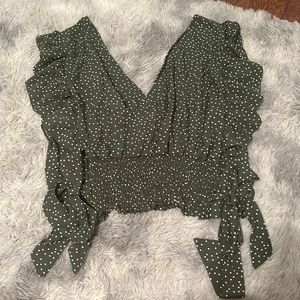 SHEIN Olive Green Plus Ruffle Trim Knot Side Polka Dot Blouse